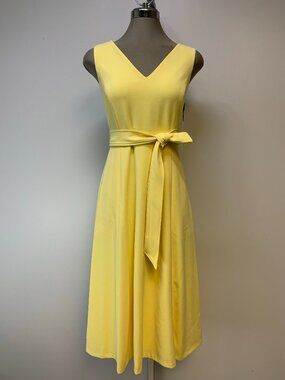NEW Calvin Klein Yellow V-Neck Sleeveless Self Belted Fit & Flare Dress
